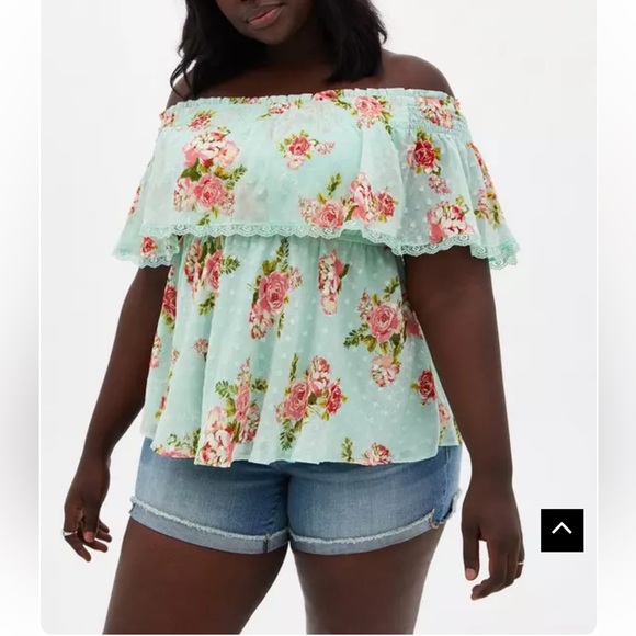 Torrid Swiss Dot Off-Shoulder Top in Floral Green Size 2X - Picture 1 of 8